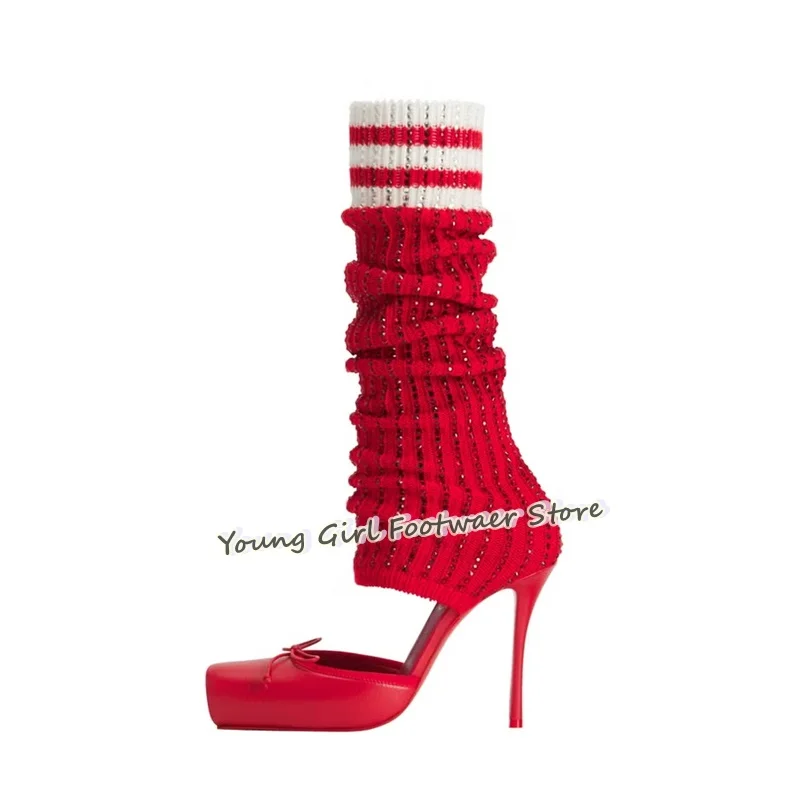 Knee High Sock Women - Botas de Salto Agulha Vermelhas Estilo