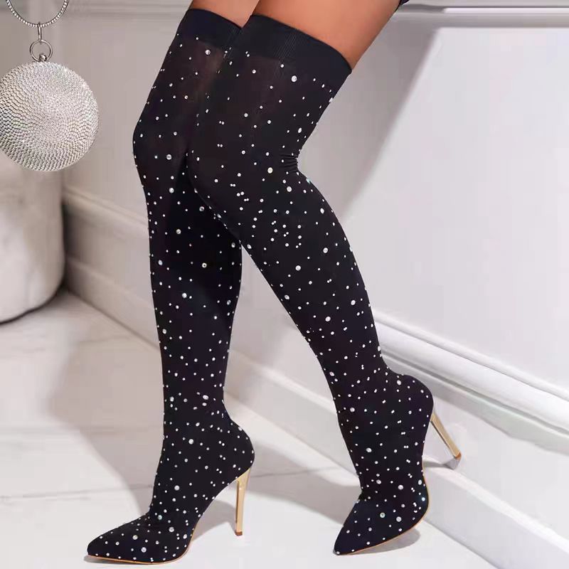 Knee High Sock Women - Strass perna fina estiramento meias botas