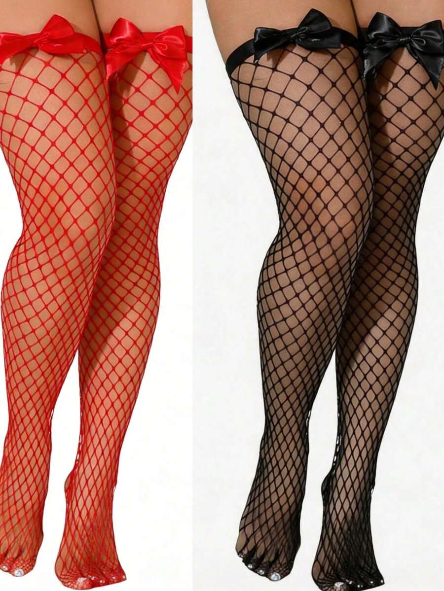 Knee High Sock Women - Meias de Rede com Laço Decorativo,